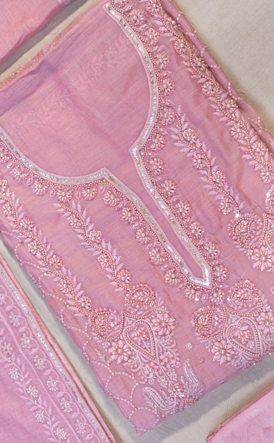Mulmul Pearl Suit Set With Chikankari Work