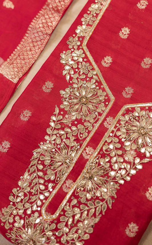 Red Banarsi Chanderi With Gotta Patti And Hand Work Suit Set
