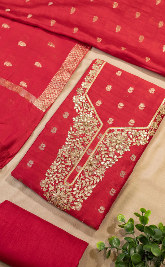 Red Banarsi Chanderi With Gotta Patti And Hand Work Suit Set