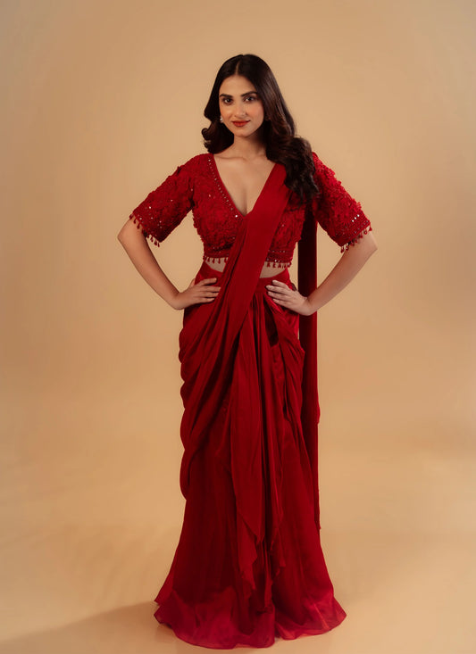 Hand Embroidery Red Drape Saree With Heavy Blouse