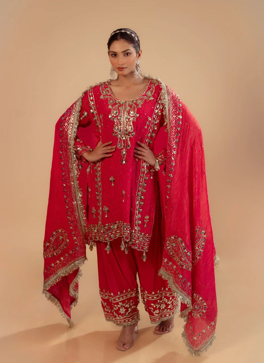 Hand Embroidery Pink crush tissue kurta with heavy sharara and dupatta