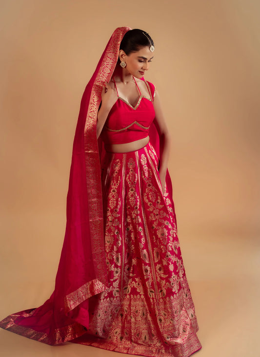 Rani Banarasi Brocade Handwoven Fabric Lightweight Lehenga Set