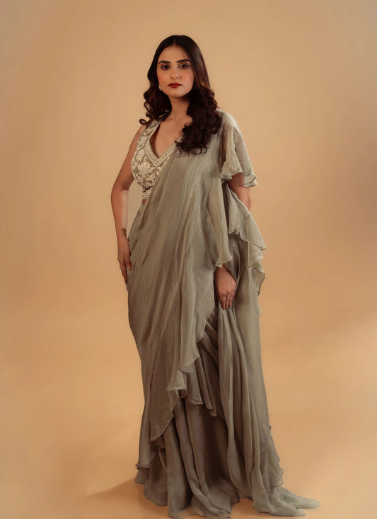 Hand Embroidery Light Pink Drape Saree With Heavy Blouse