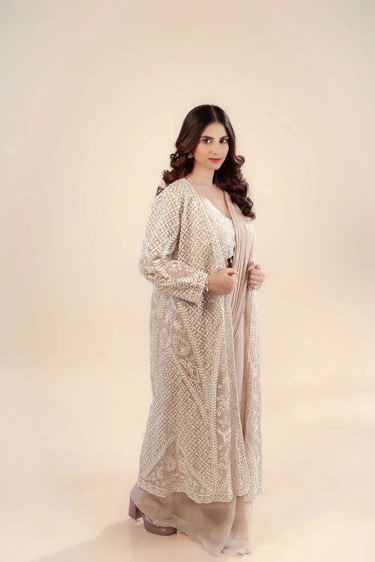 Heavy Embroidered Light Peach with Hand Detailing a Long Jacket With Bustier And Drape Saree Set