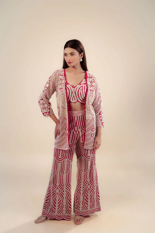 Heavy Embroidery Red Jacket With Bustier And Flared Pant