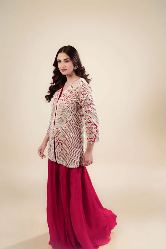 Heavy Embroidery Red Jacket With A Sharara