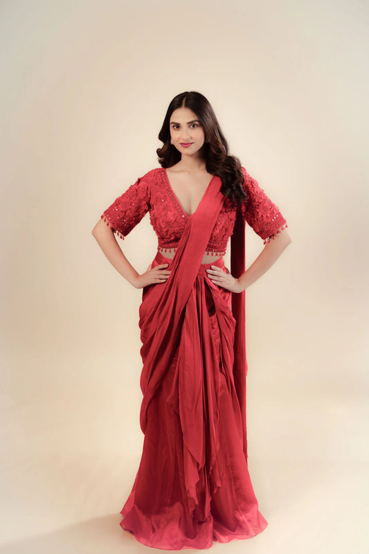 Hand Embroidery Red Drape Saree With Heavy Blouse