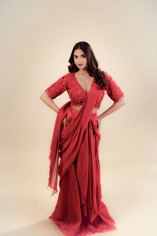 Hand Embroidery Red Drape Saree With Heavy Blouse