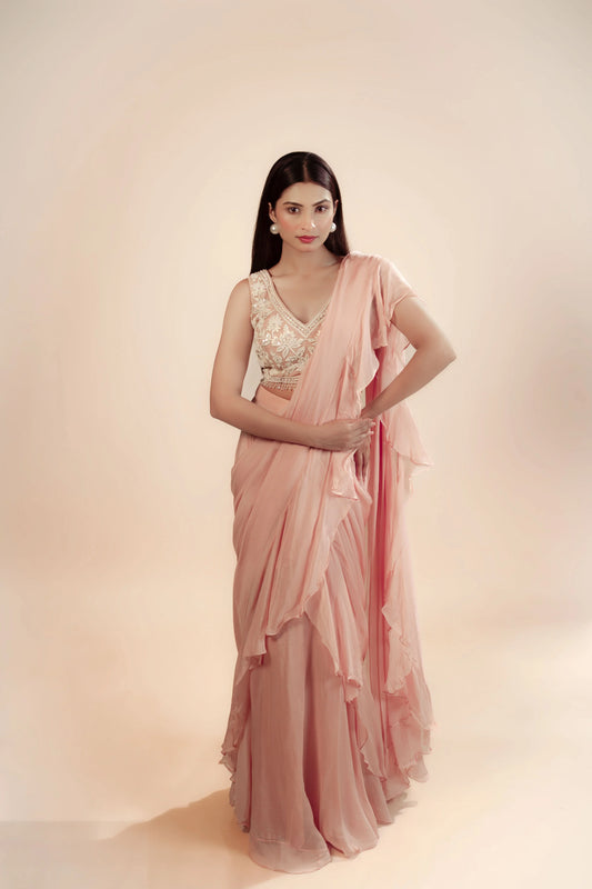 Hand Embroidery Light Pink Drape Saree With Heavy Blouse