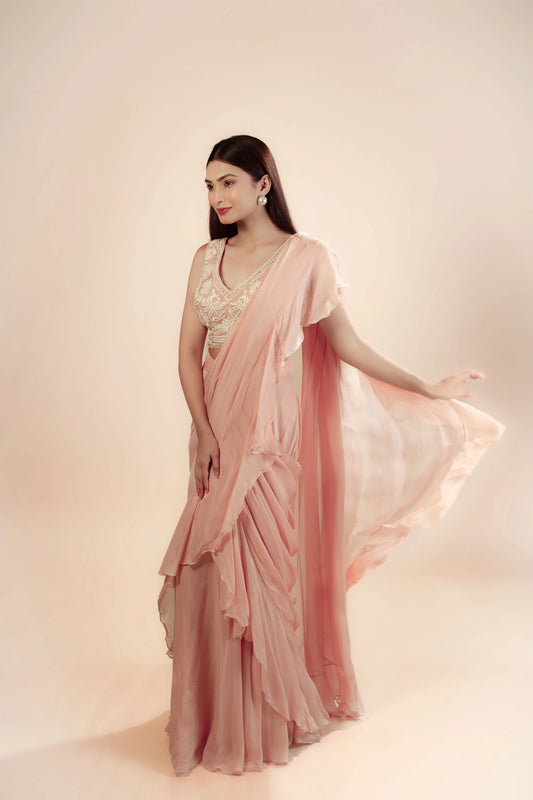 Hand Embroidery Light Pink Drape Saree With Heavy Blouse