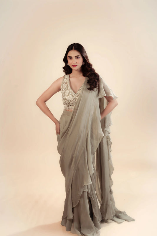 Hand Embroidery Light Green Drape Saree With Heavy Blouse
