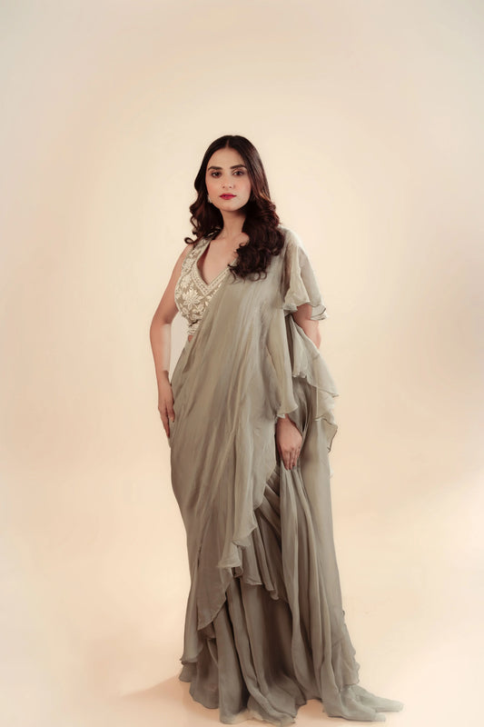 Hand Embroidery Light Green Drape Saree With Heavy Blouse