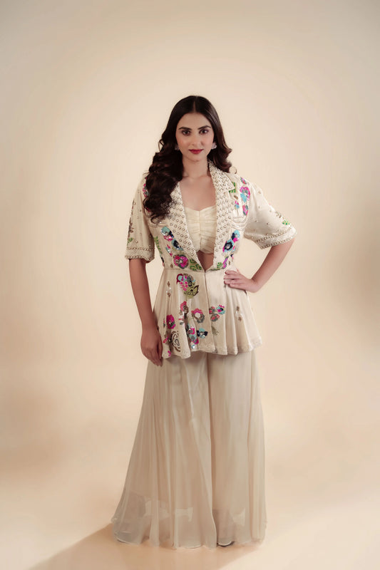 Hand Embroidery Ivory Peplum Top With Bustier And Flared Bottom