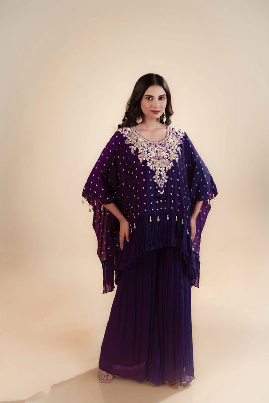 Hand Embroidery Purple Kaftan With Inner & Flair Palazzo