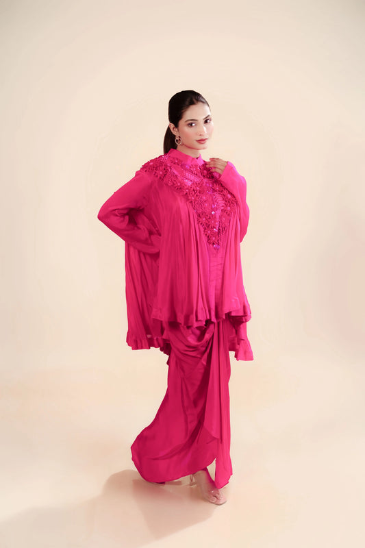 A Flared 3D Neck Top With Bustier And Drape Skirt