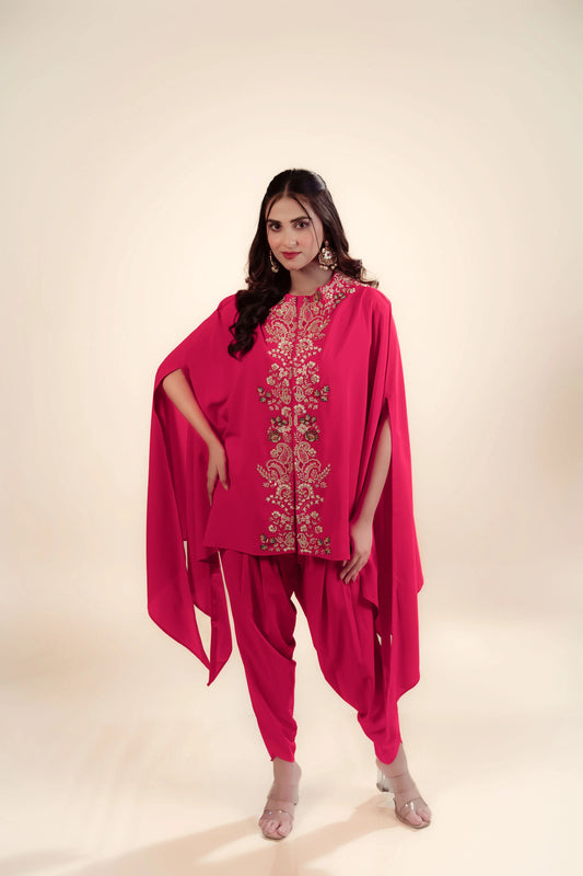 Hand Embroidery Red Cape With Dhoti Style Pant