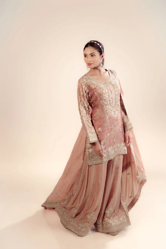 Hand Embroidery Onion Pink Tissue Kurta With Heavy Sharara And Dupatta