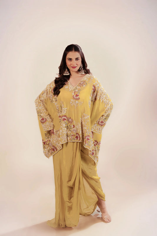 Yellow Short Kaftan With Bustier And Drape Skirt
