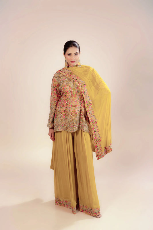 Heavy Embroidered Yellow Jacket With Sharara