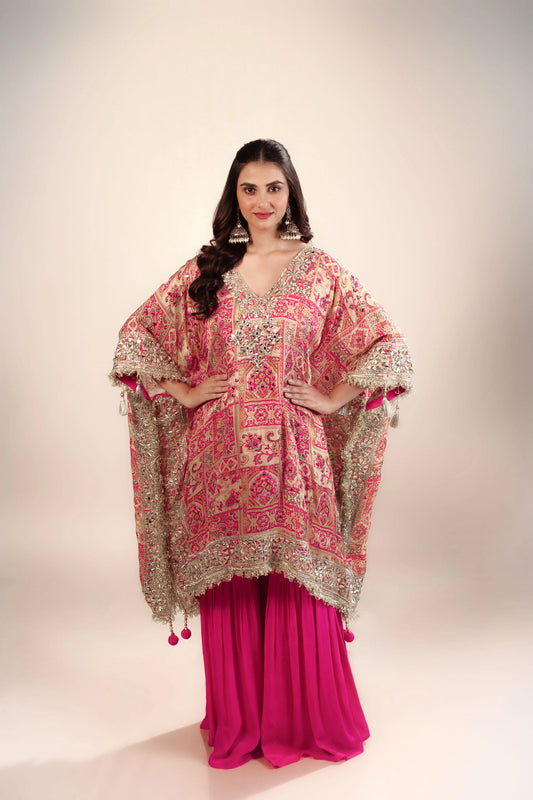Hand Embroidery Lehraiya Pink Kaftan Set with Gota Patti Work