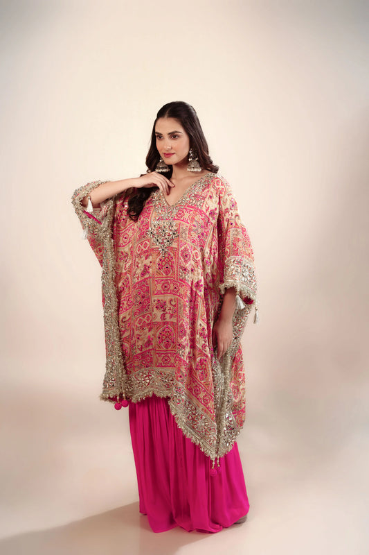 Hand Embroidery Lehraiya Pink Kaftan Set with Gota Patti Work