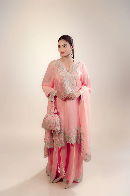 Hand Embroidery Silver Zari Light Pink Kurta With Bustier And Sharara