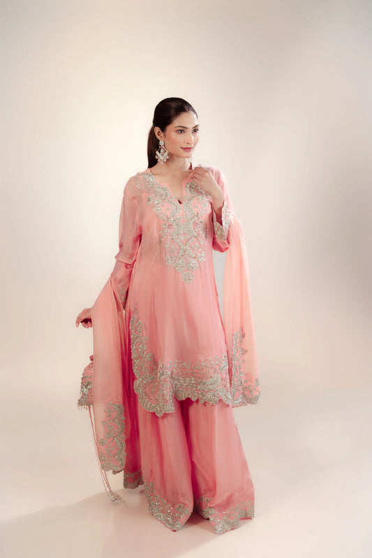Hand Embroidery Silver Zari Light Pink Kurta With Bustier And Sharara