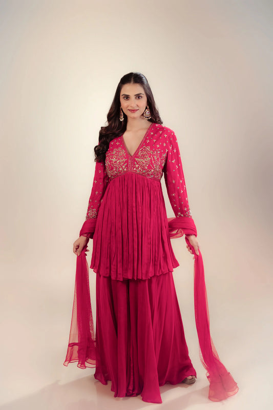 Hand Embroidery Red Peplum Top With Heavy Sharara And Dupatta