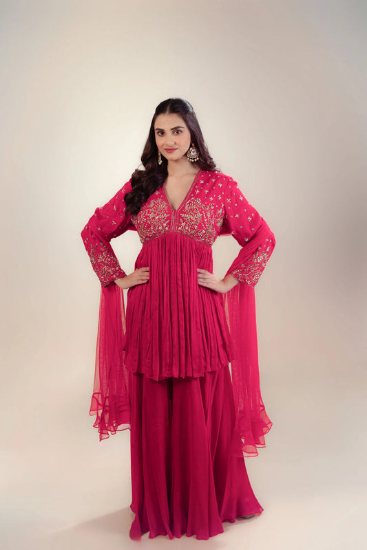 Hand Embroidery Red Peplum Top With Heavy Sharara And Dupatta