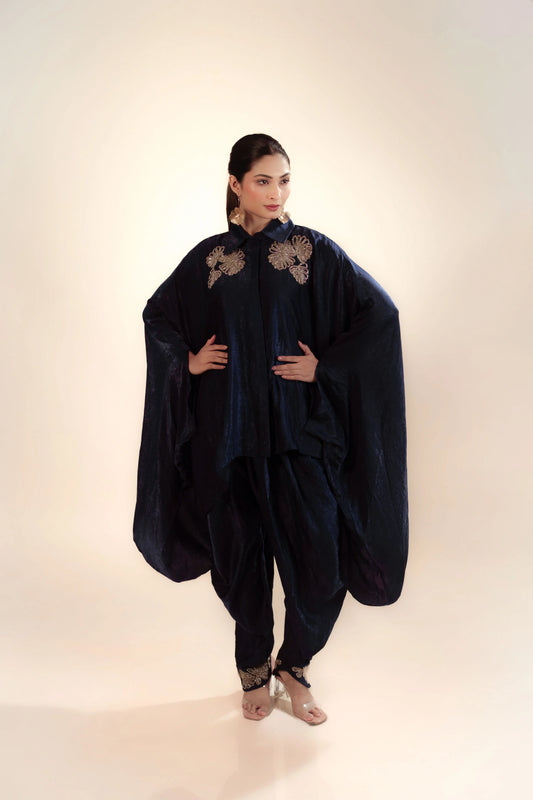 Hand Embroidery Navy Blue Cape With Dhoti Style Pant