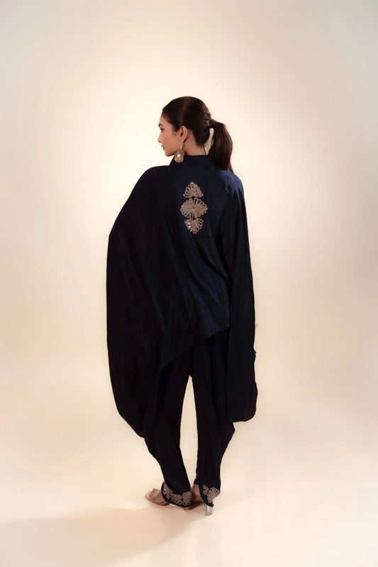Hand Embroidery Navy Blue Cape With Dhoti Style Pant