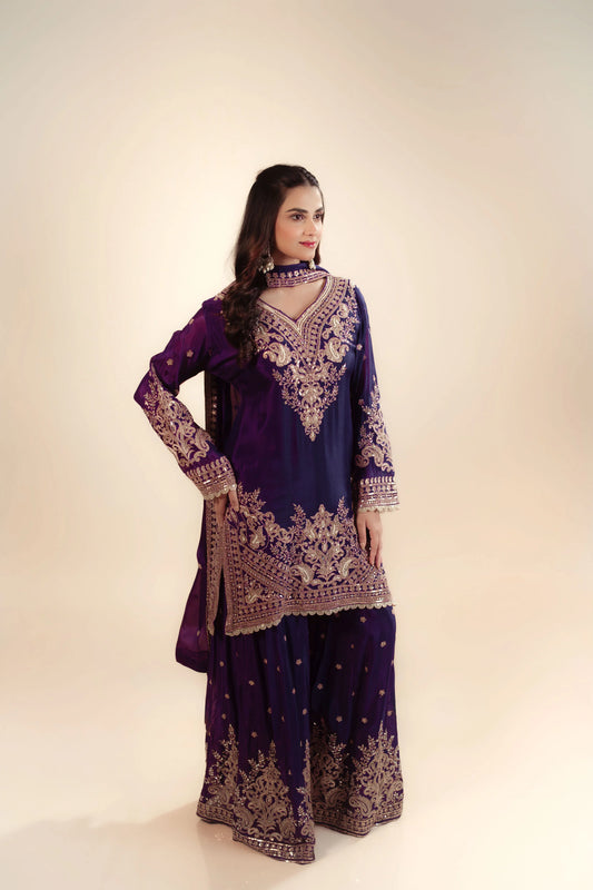 Hand Emboidery Purple Sharara Set