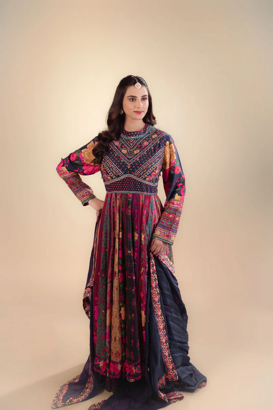 Hand Embroidery Printed Crape Anarkali Set