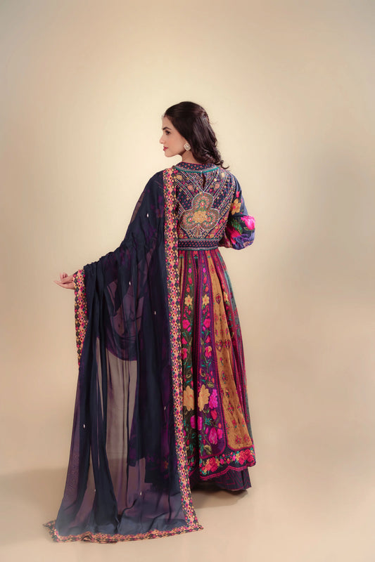 Hand Embroidery Printed Crape Anarkali Set