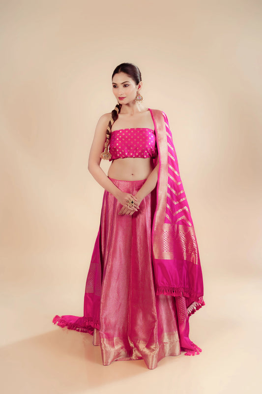 Rani Stripes Pure Banarasi Brocade Handwoven Fabric Lightweight Lehenga Set