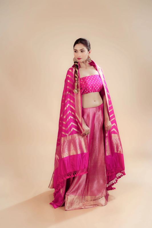 Rani Stripes Pure Banarasi Brocade Handwoven Fabric Lightweight Lehenga Set