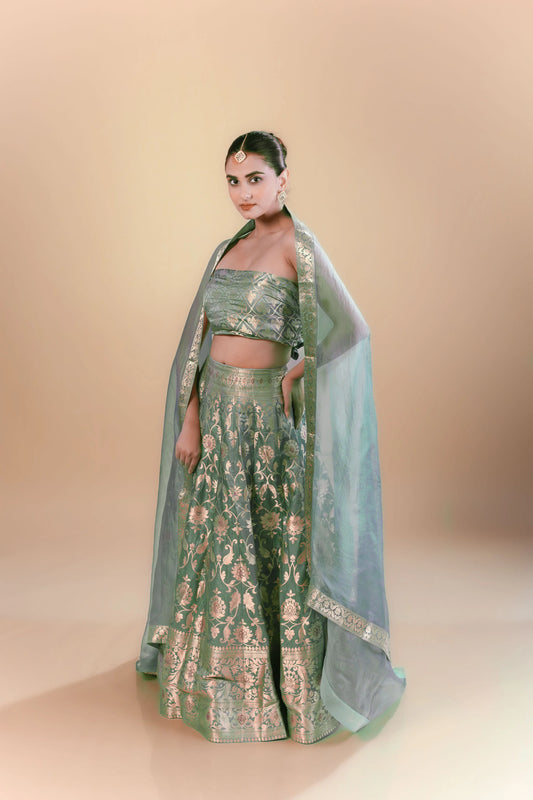 Powder Blue Kimkhab Banarasi Brocade Handwoven Fabric Lightweight Lehenga Set