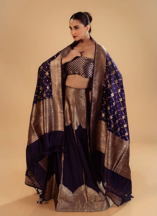 Navy Blue Banarasi Brocade Handwoven Fabric Lightweight Lehenga Set