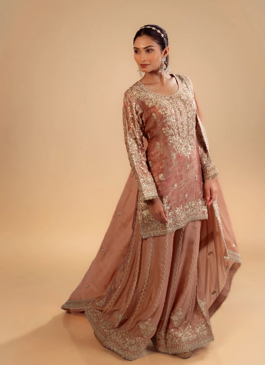 Hand Embroidery Rose Gold Tissue Kurta With Heavy Sharara And Dupatta