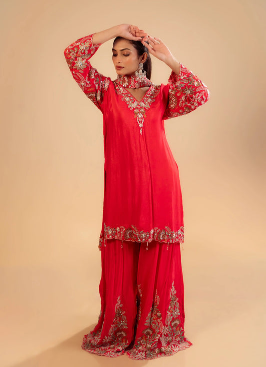 Hand Embroidery Coral Kurta With Heavy Sharara And Dupatta