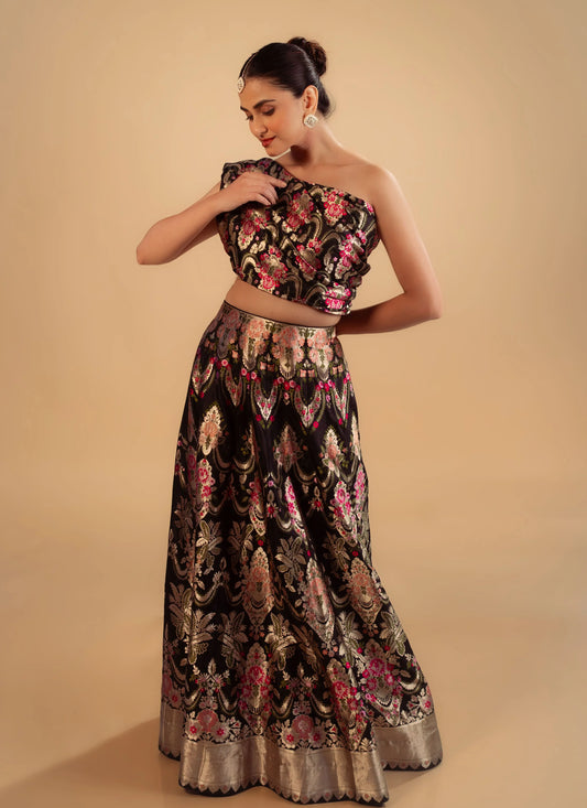 Purple Kimkhab Banarasi Brocade Handwoven Fabric Lightweight Lehenga Set