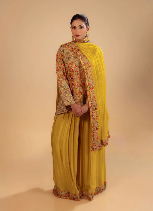 Hand Embroidery Yellow Jacket With Sharara Pant