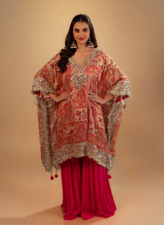 Hand Embroidery Pink Laheria Kaftan Set