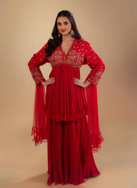 Hand Embroidery Red Peplum Top With Heavy Sharara And Dupatta