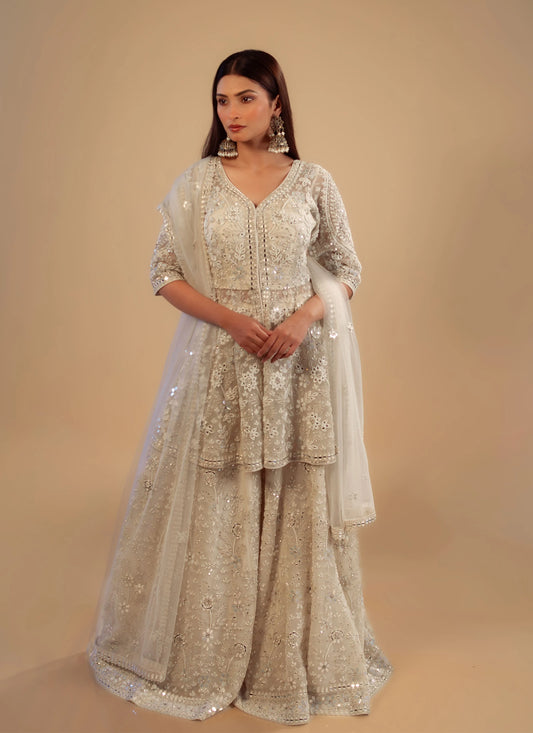 Hand Embroidery Ivory Peplum Top With Heavy Sharara