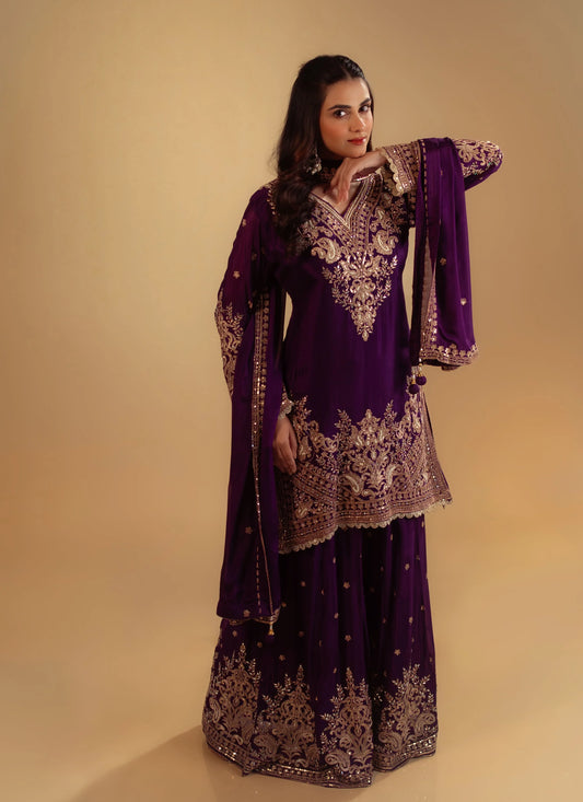 Hand Emboidery Purple Sharara Set