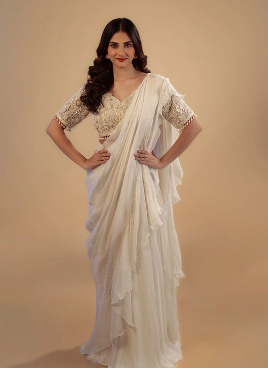 Hand Embroidery Ivory Drape Saree With Heavy Blouse