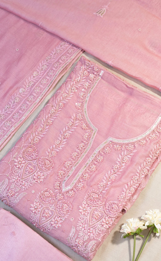 Mulmul Pearl Suit Set With Chikankari Work