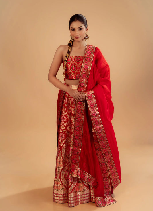 Red Kimkhab Banarasi Brocade Handwoven Fabric Lightweight Lehenga Set