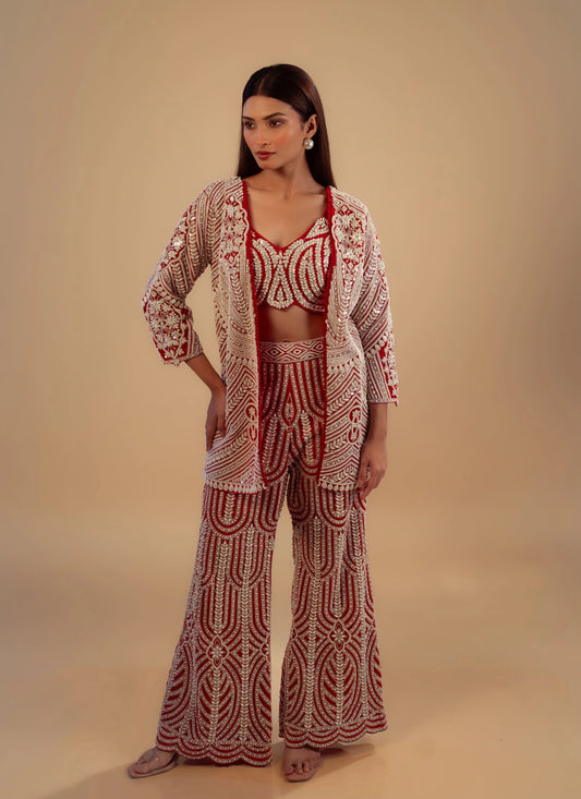Hand Embroidery Red Jacket With Bustier And Straight Pant
